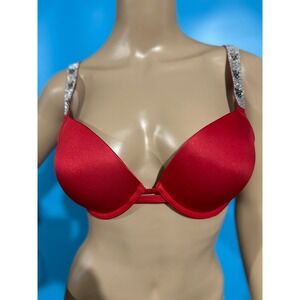 Victoria's Secret Very Sexy Push Up Bra Red Sparkle Logo Strap 32D Rhinestone